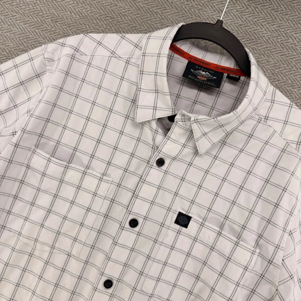 Harley-Davidson Mens White Grey Plaid Performance Short Sleeve Button Shirt L
